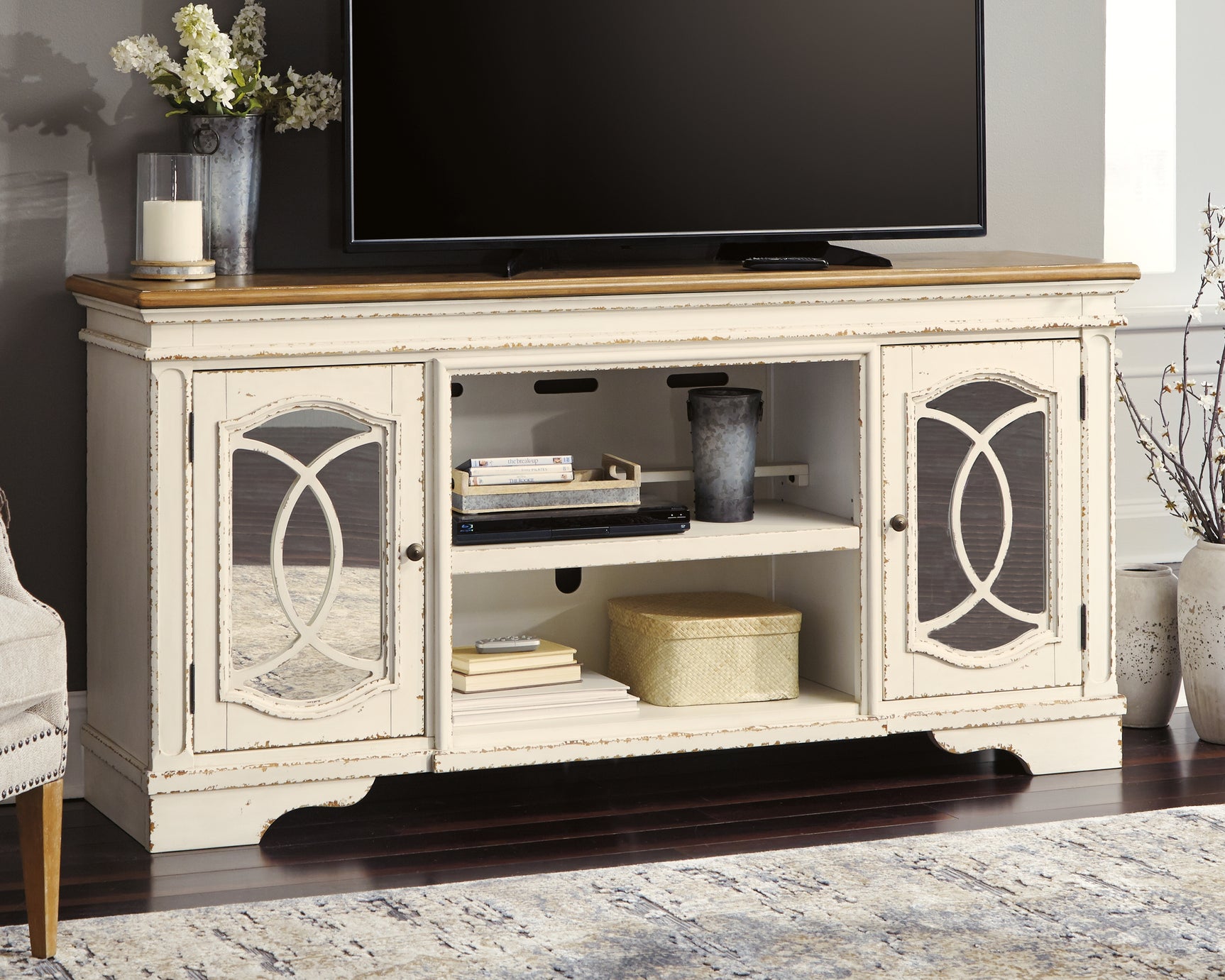 Sam's Furniture - Ashley Furniture - Realyn 74" TV Stand - 74" / Chipped White - W743-68