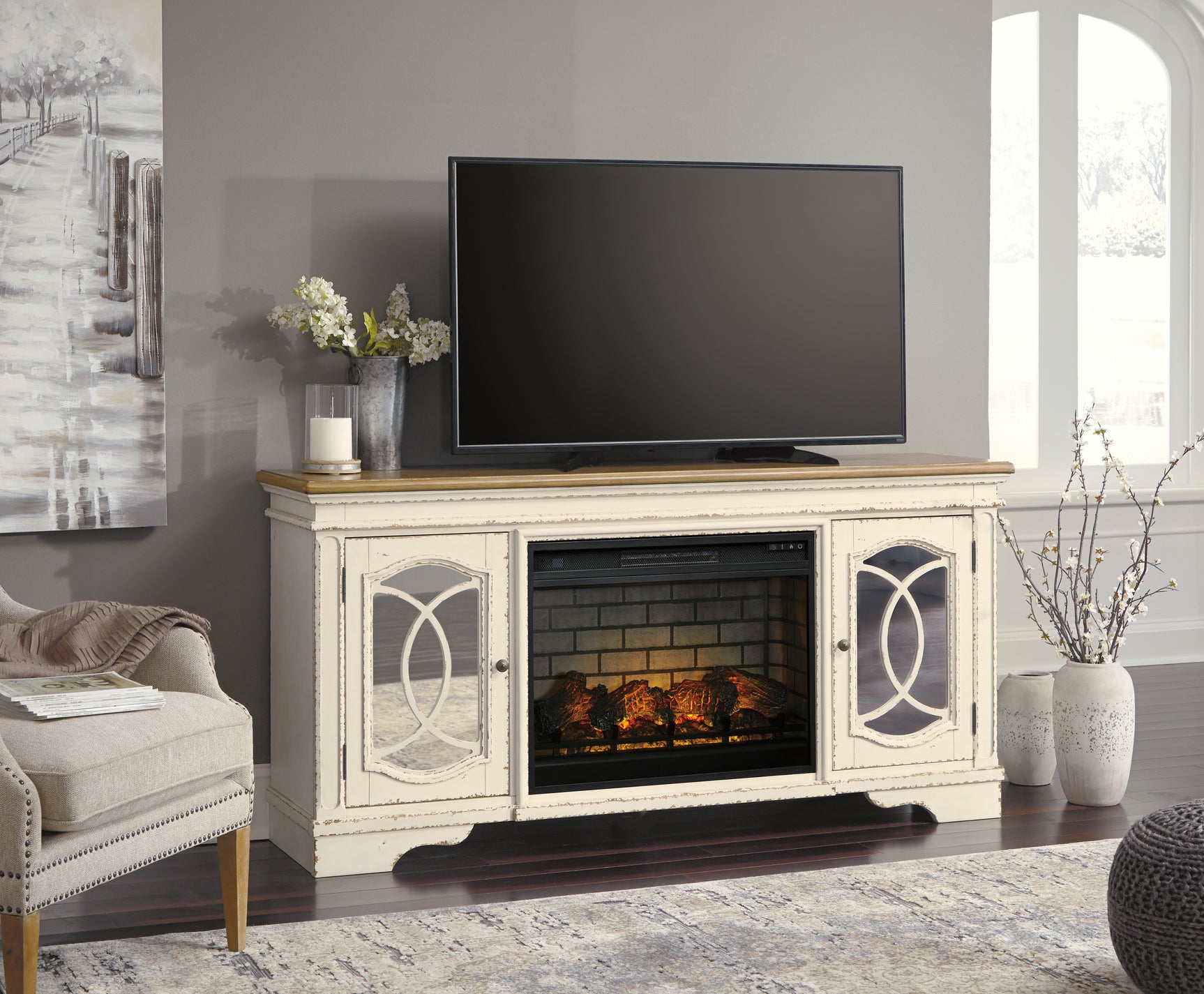 Sam's Furniture - Ashley Furniture - Realyn 74" TV Stand with Electric Fireplace - 74" TV Stand with Electric Fireplace / Chipped White - W743W2