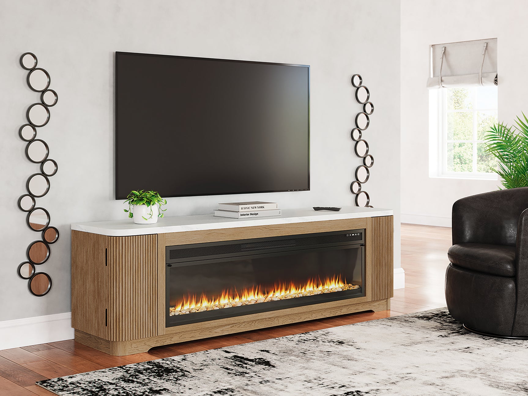 Sam's Furniture - Ashley Furniture - Camdill 80" TV Stand with Electric Fireplace - 80" TV Stand with Electric Fireplace / Light Brown - W808W1
