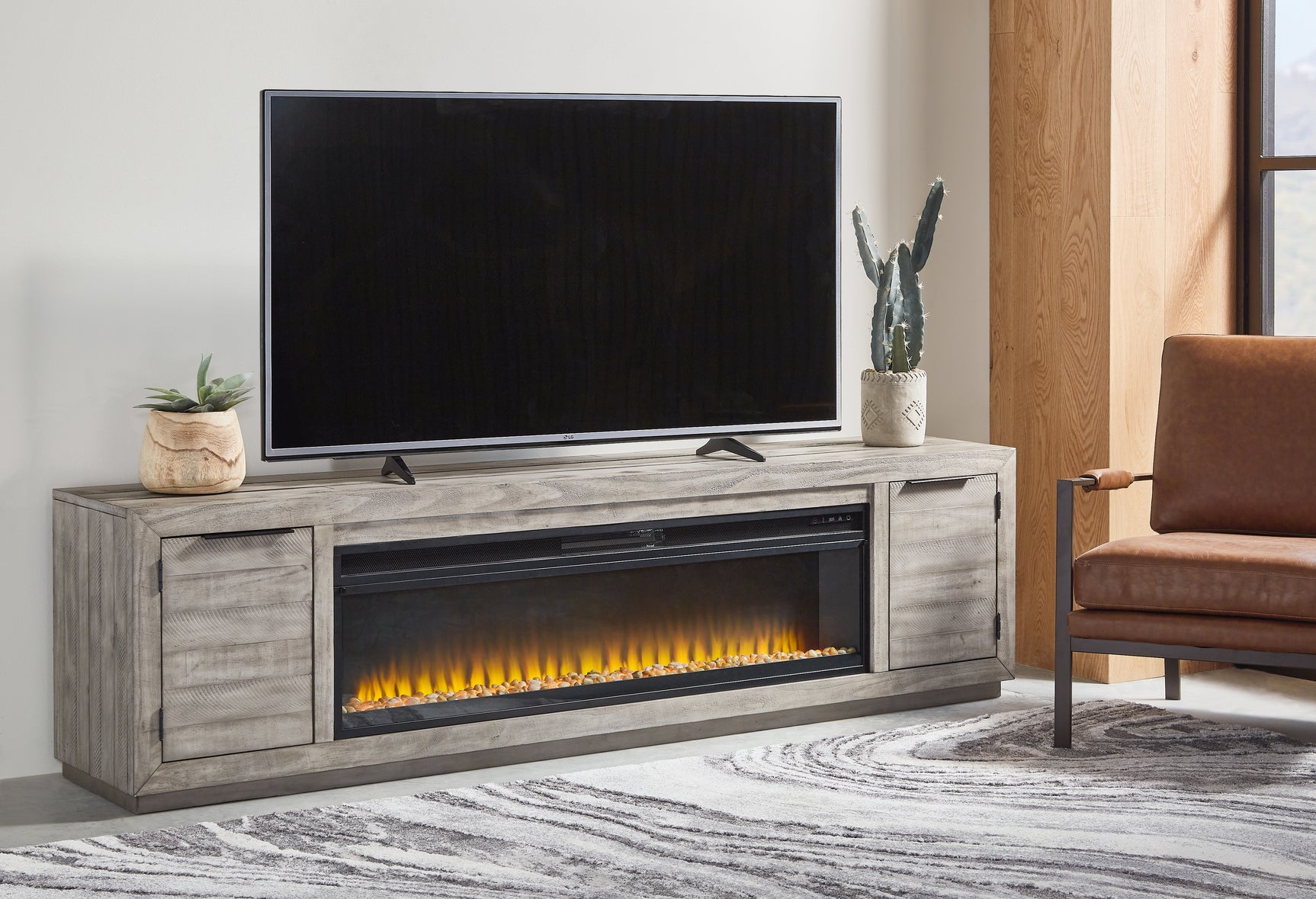 Sam's Furniture - Ashley Furniture - Naydell 92" TV Stand with Electric Fireplace - 92" TV Stand with Electric Fireplace / Gray - W996W1