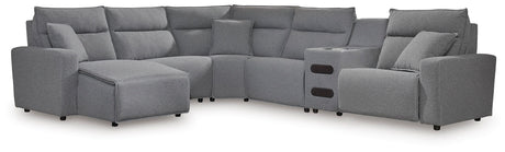Sam's Furniture - Ashley Furniture - ModMax II Sectional - 6-Piece Reclining Sectional with Chaise and Audio Console / Salt and Pepper - 65906S29