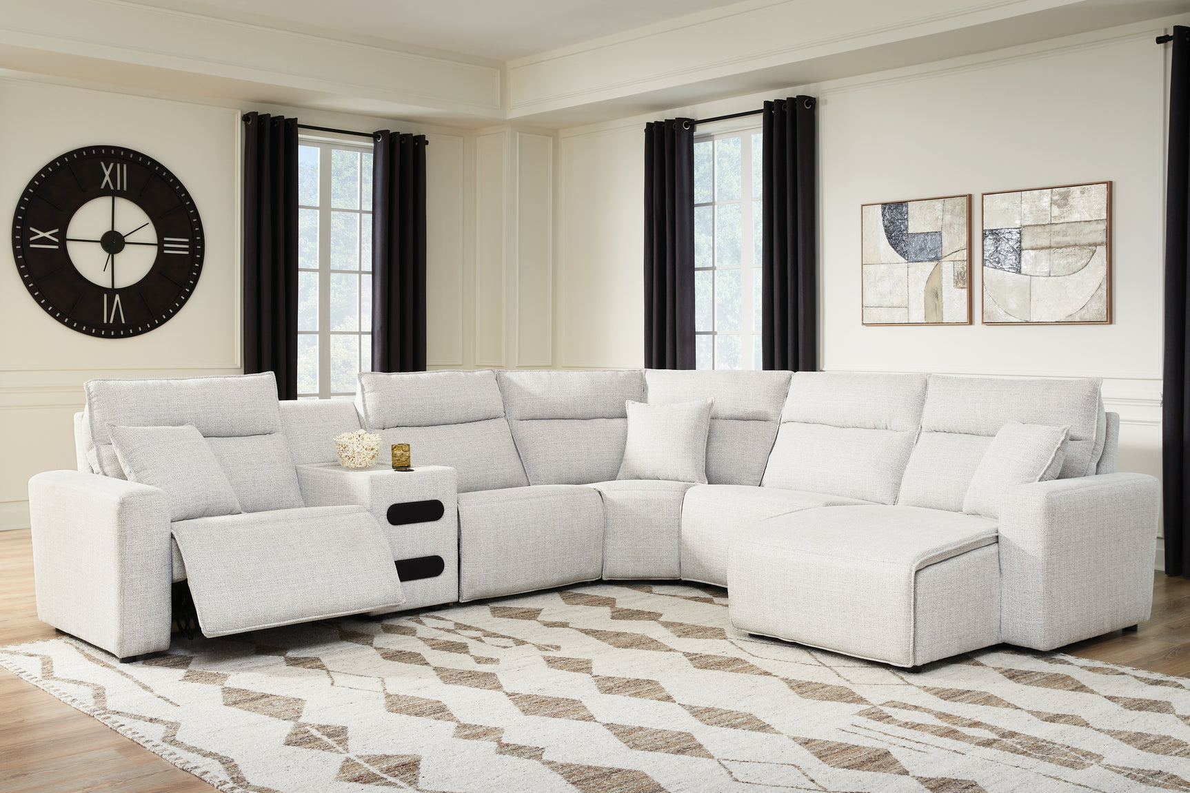 Sam's Furniture - Ashley Furniture - ModMax II Sectional - 6-Piece Reclining Sectional with Chaise and Audio Console / Stone - 65907S28