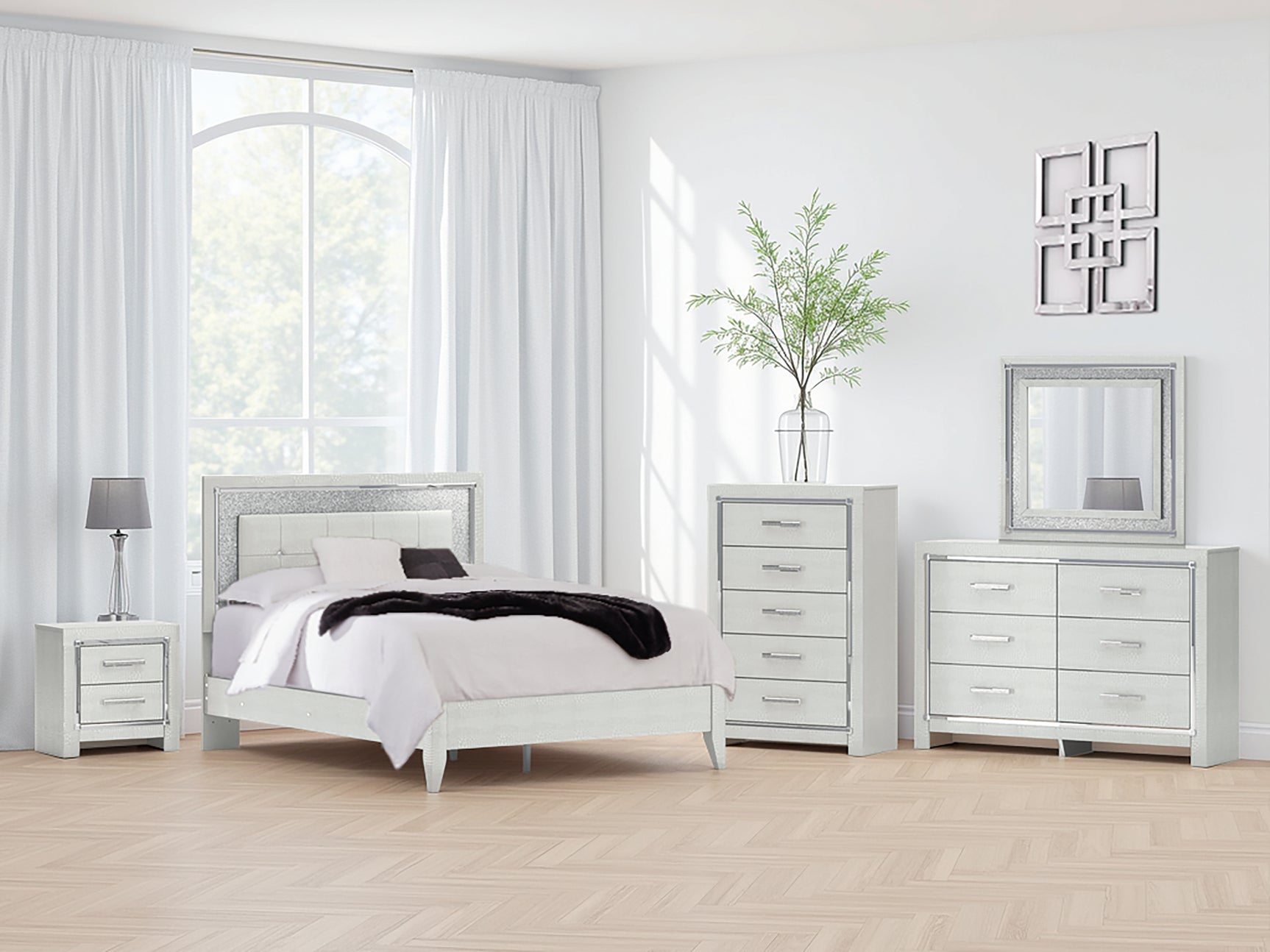Sam's Furniture - Ashley Furniture - Zyniden Bedroom - Queen Upholstered Panel Bed / Silver - B2114B2