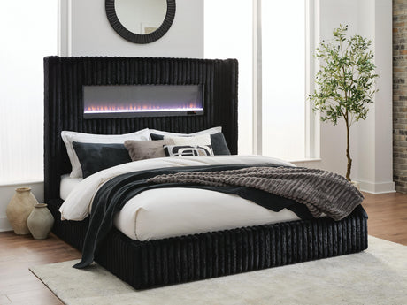 Sam's Furniture - Ashley Furniture - Tayleena Bedroom - Queen Upholstered Bed with Fireplace and Wireless Audio / Black - PCB620B1