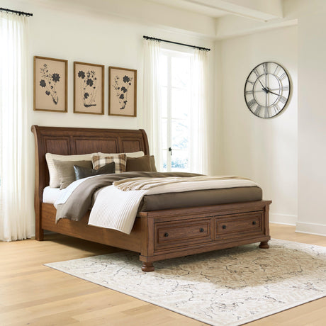 Sam's Furniture - Ashley Furniture - Zackaryn Bedroom - Queen Sleigh Storage Bed / Warm Brown - PCB807B4