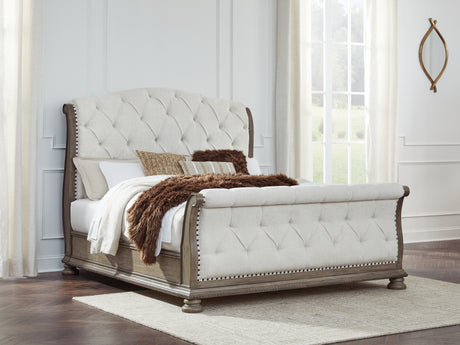 Sam's Furniture - Ashley Furniture - Ardenfield Bedroom - King Upholstered Sleigh Bed / Light Brown - B944B4