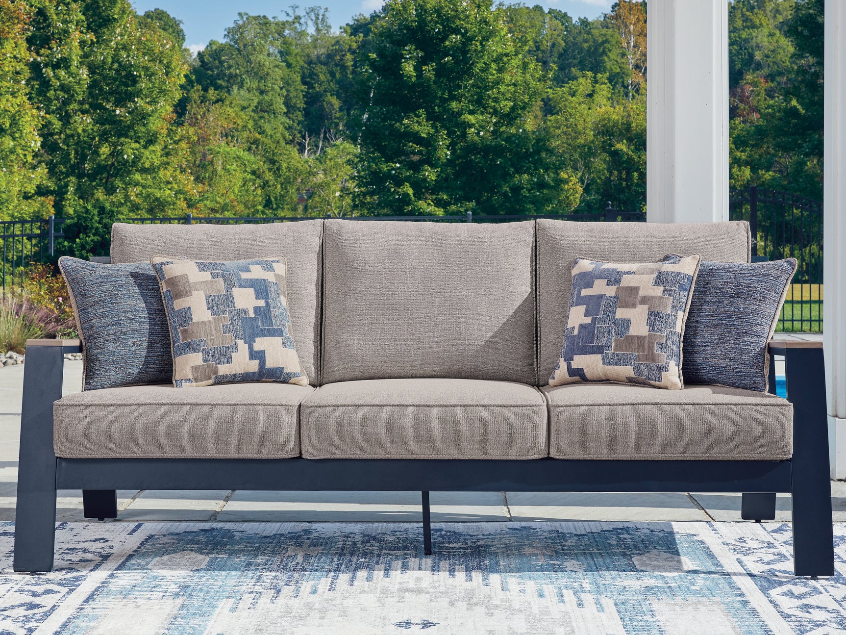 Sam's Furniture - Ashley Furniture - East Beach Outdoor - Sofa with Cushion / Navy Blue/Driftwood - PCP587-838
