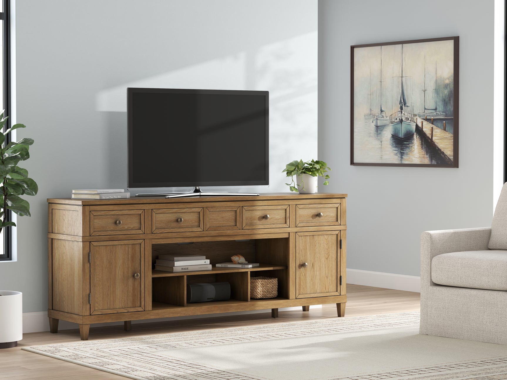 Sam's Furniture - Ashley Furniture - Sharlance 81" TV Stand - 81" / Light Brown - W655-68