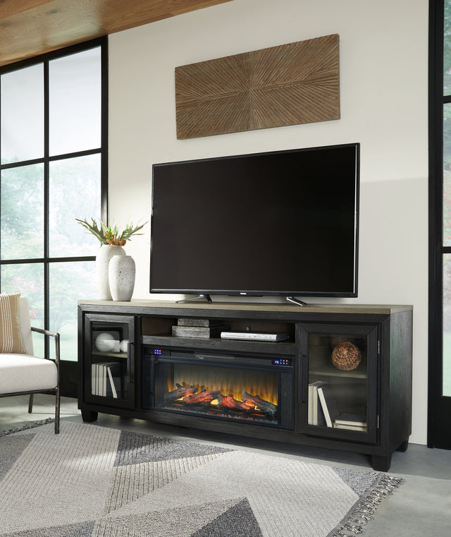 Sam's Furniture - Ashley Furniture - Foyland 83" TV Stand with Electric Fireplace - 83" TV Stand with Electric Fireplace / Black/Brown - W989W1